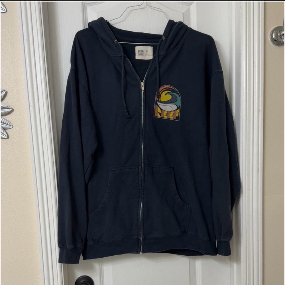 REEF Hoodie Mens Full Zip Fleece Lined Graphic Sweatshirt Wave Navy Blue Size XL